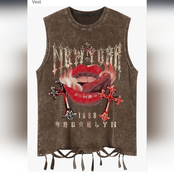 Brown Graphic Sleeveless Top with Red Accents - Picture 1 of 13